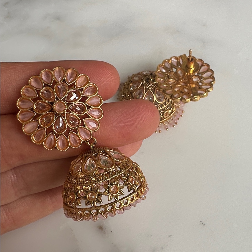 Gold and Pink Floral Jhumka Earrings - Picture 4 of 4